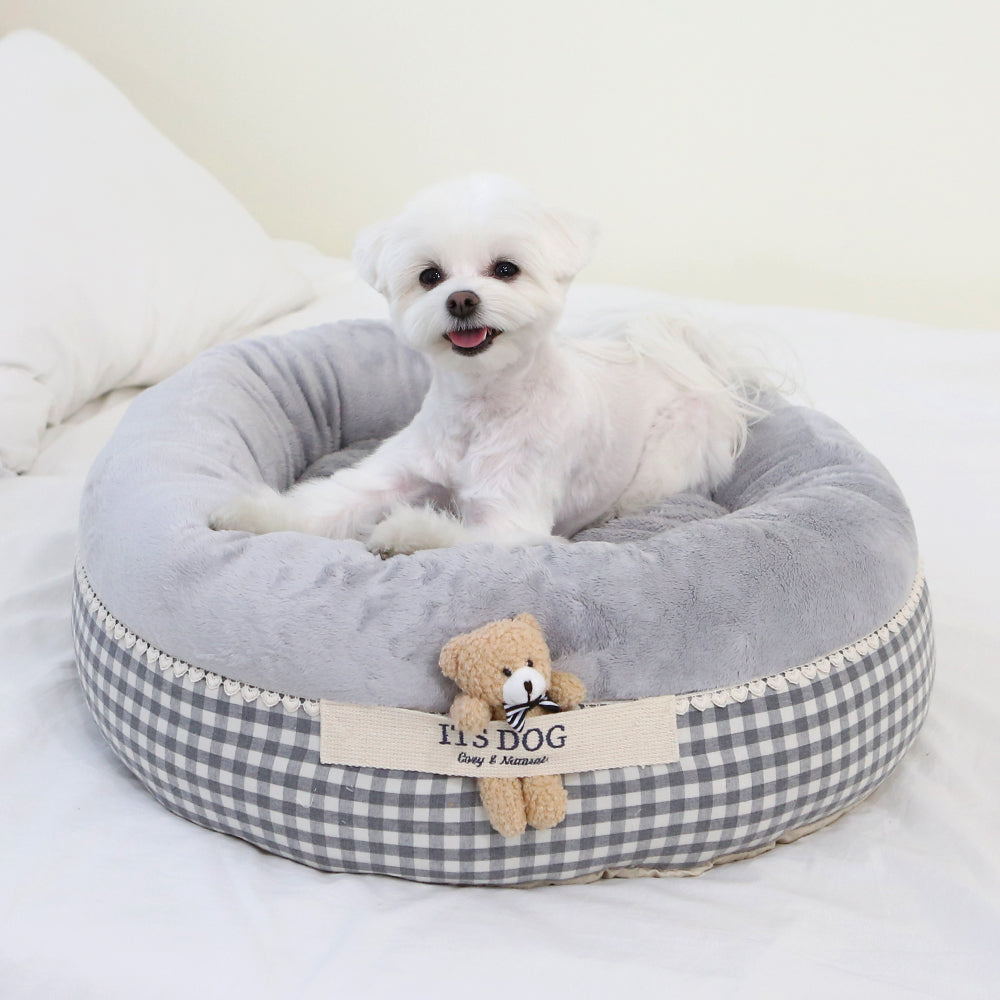 Cama Redonda de Algodón con oso y cojin reversible