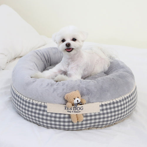 Cama Redonda de Algodón con oso y cojin reversible