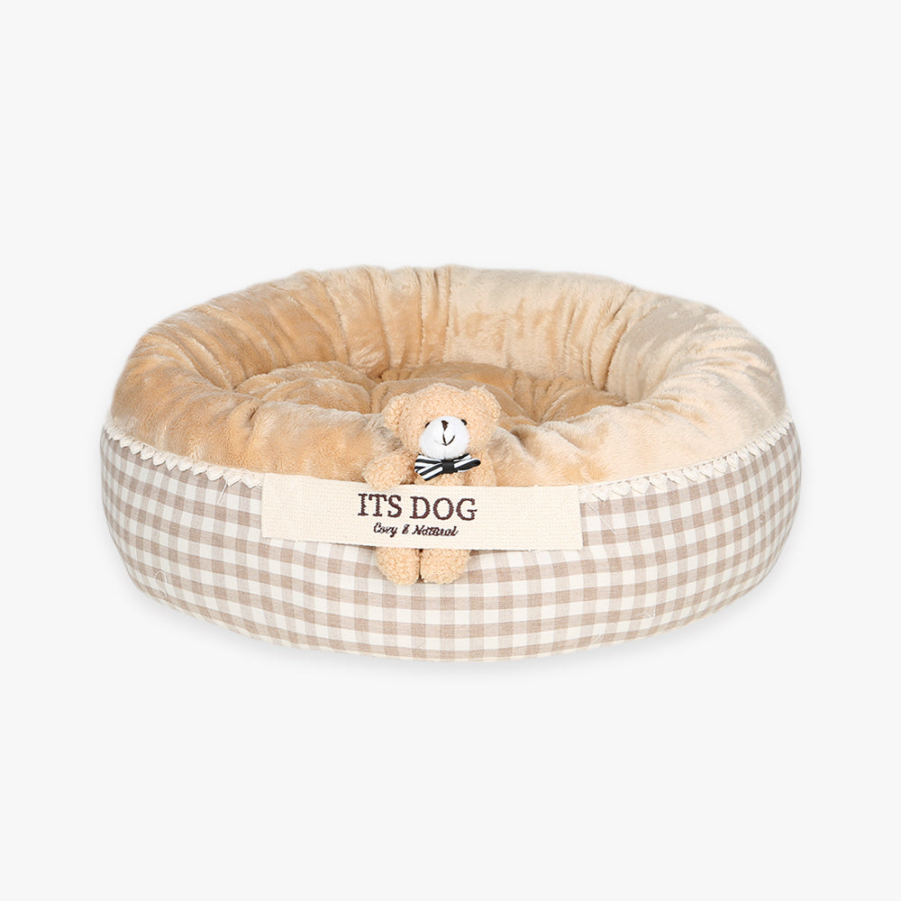 Cama Redonda de Algodón con oso y cojin reversible
