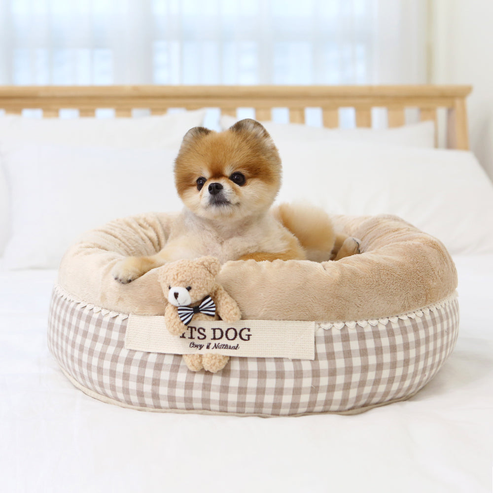 Cama Redonda de Algodón con oso y cojin reversible