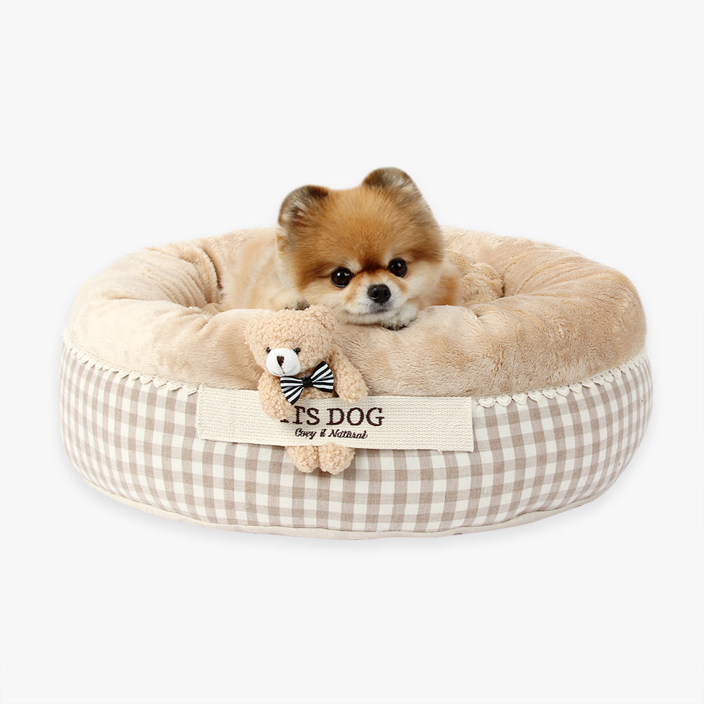 Cama Redonda de Algodón con oso y cojin reversible