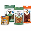 Pack degustación de chuches para perro pequeño: mini salchichas, stick de algas, trozos de pollo y mini dados de cordero