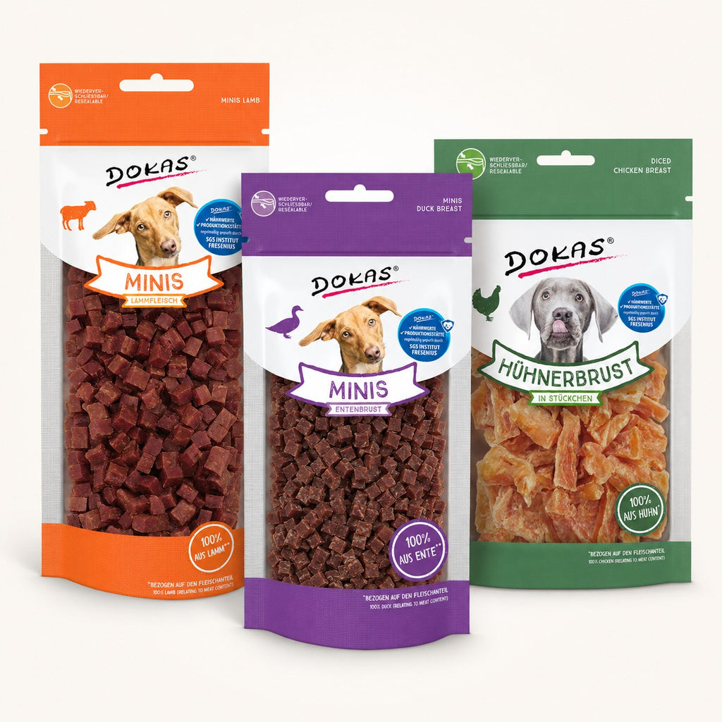 Pack de entrenamiento con chuches naturales Dokas: mini dados de cordero, mini dados de pato y trozos de pollo