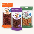 Pack de entrenamiento con chuches naturales Dokas: mini dados de cordero, mini dados de pato y trozos de pollo