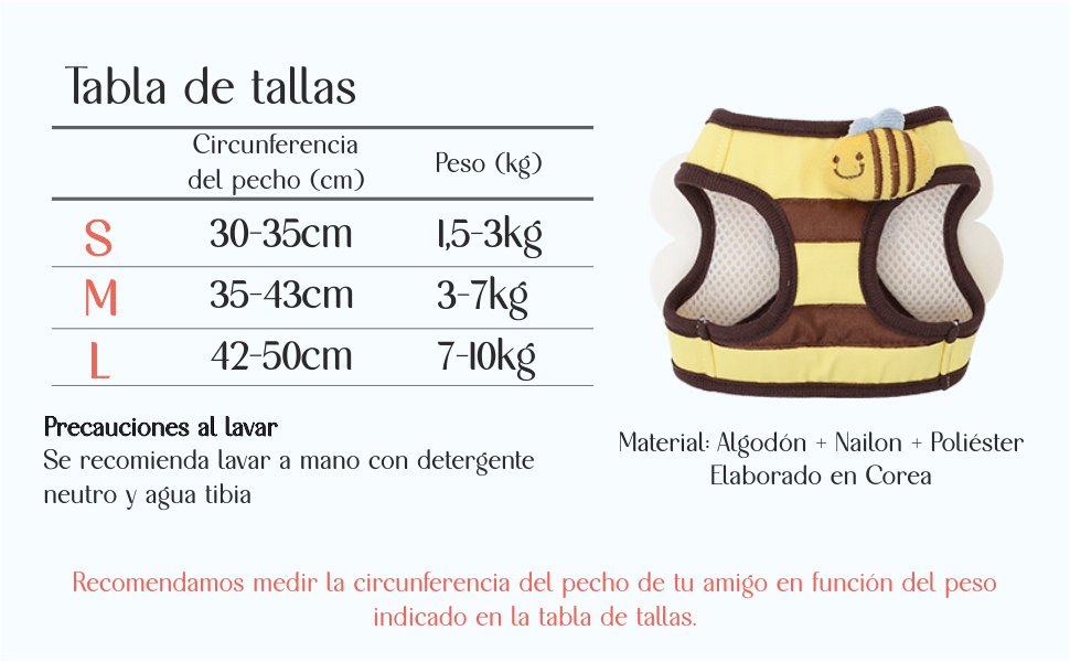 tabla de tallas arnes chaleco abeja perro pequeño 