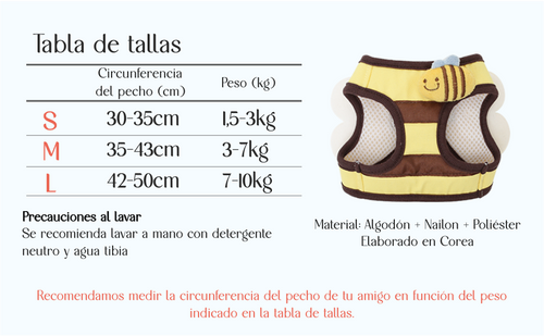 tabla de tallas arnes chaleco abeja perro pequeño 