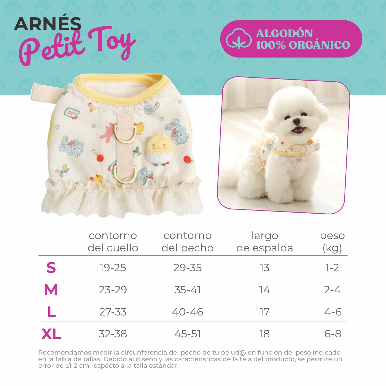 tabla de tallas chaleco arnes con pollito y volante organico perro pequeño 