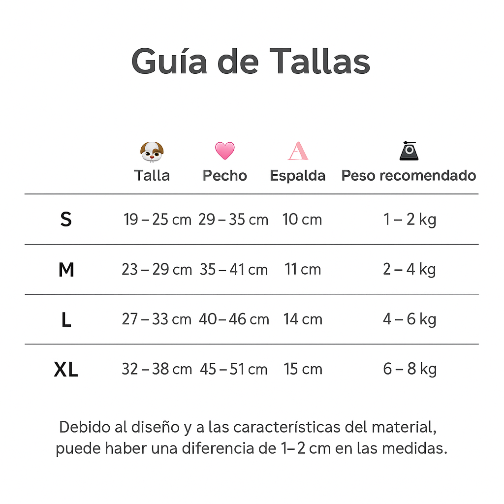 tabla de tallas correa arnes chaleco premium lino organico perro pequeño